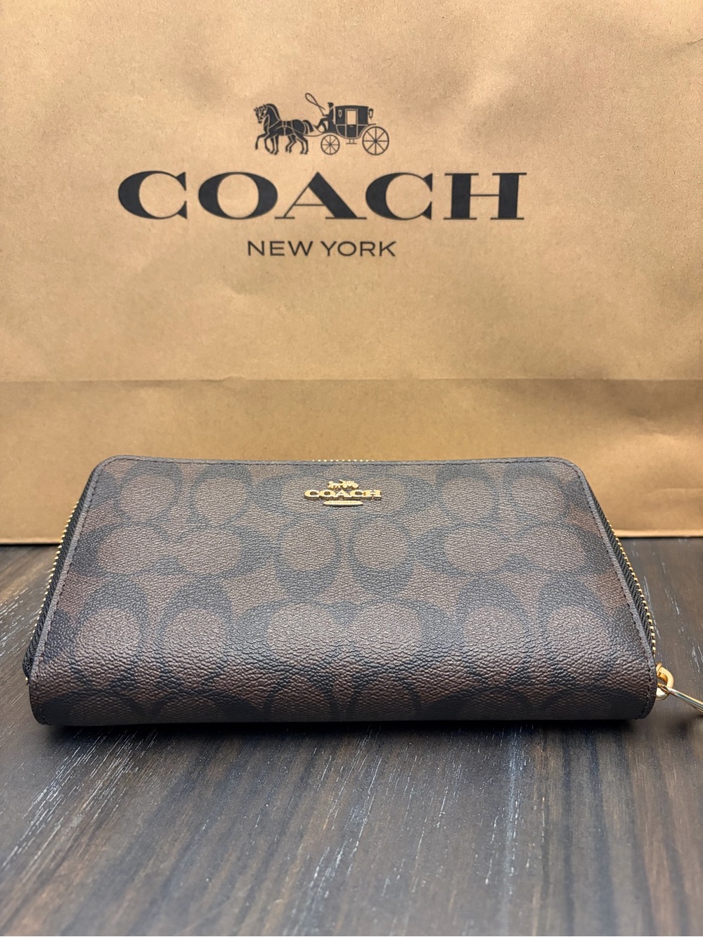 Coach Dark Brown Signature Zip Wallet with Gold Hardware